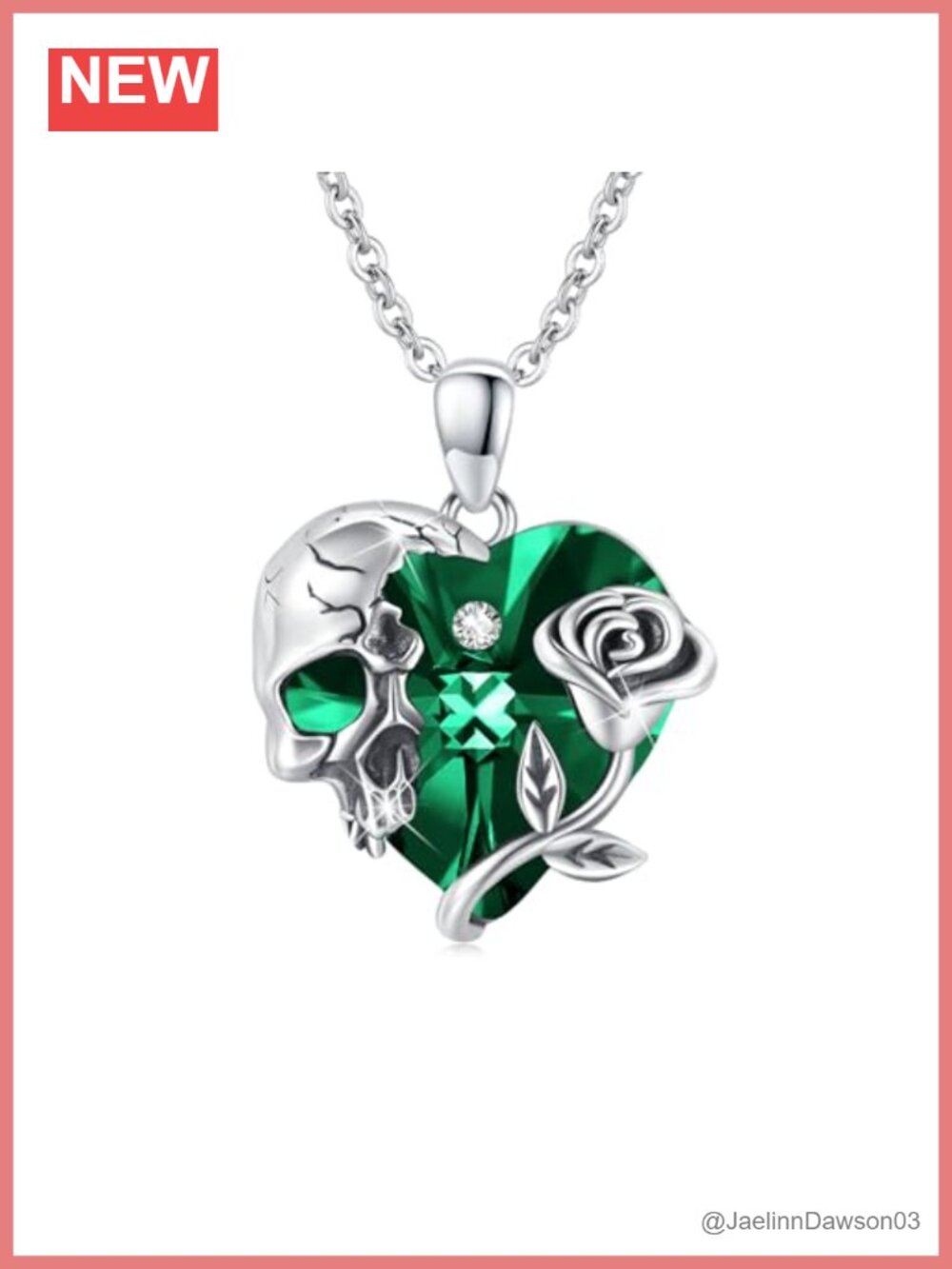 Sterling Silver Skull Rose Crystal Heart Pendant Necklace 18in